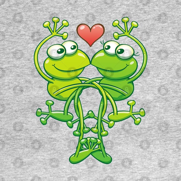 Sweet couple of green frogs intertwining their arms and legs while madly falling in love by zooco